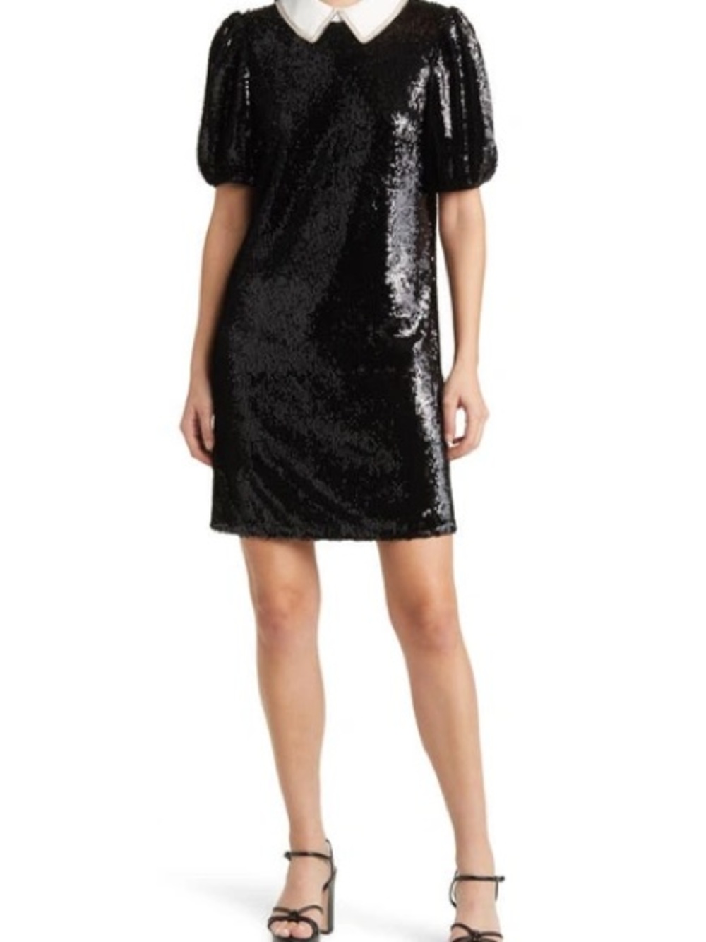 Ted Baker London Black Sequin Shift Dress with White Collar + Puff Sleeves